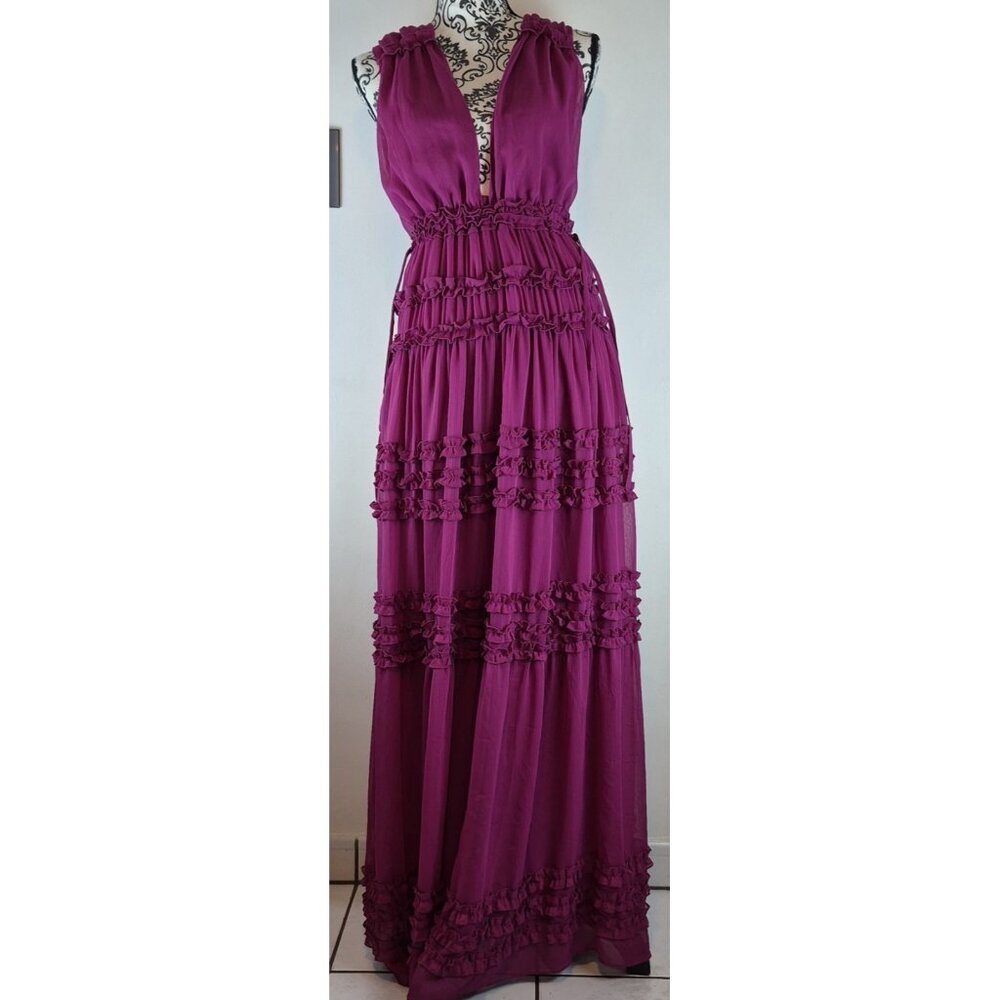 VICI Tiered Maxi Dress Small Purple Fuchsia Ruffle Sleeveless V Neck NWT